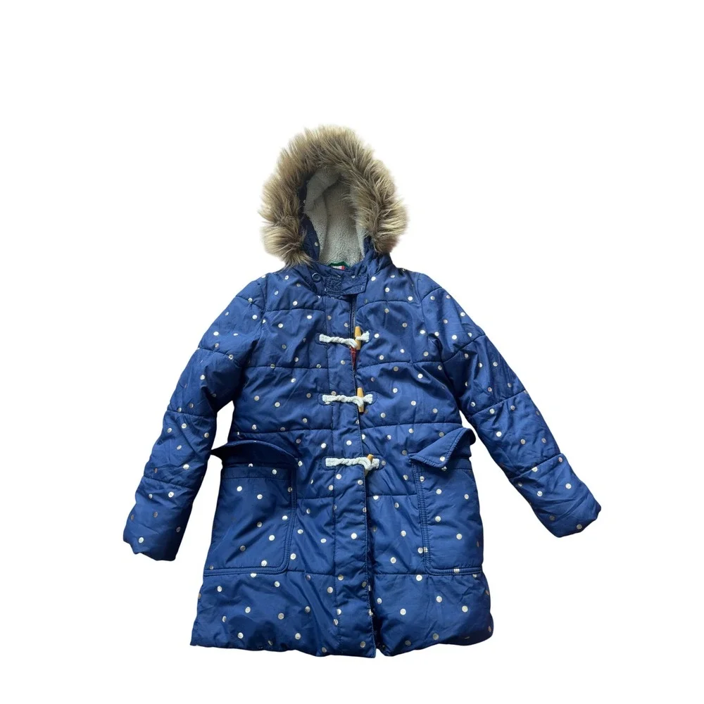 Boden Girls Navy Gold Polka Dot Puffer Coat Faux‎ Fur Preppy Winter Luxe 9-10Y